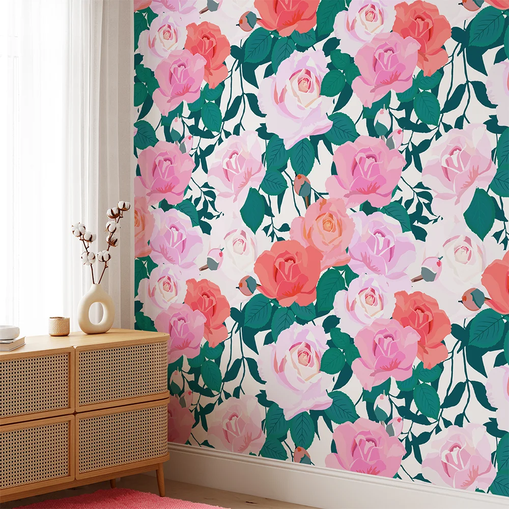 Çiçekli Güller Flat Art Duvar Kağıdı, Romantik Gül Bahçesi 3D Duvar Kağıdı Çiçekli Duvar Kağıtları 2