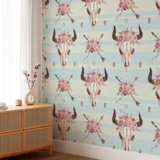 Sulu Boya Boğa Kafatası ve Çiçekler Duvar Kağıdı, Boho Kafatası & Çiçek Desenli 3D Duvar Posteri Çiçekli Duvar Kağıtları