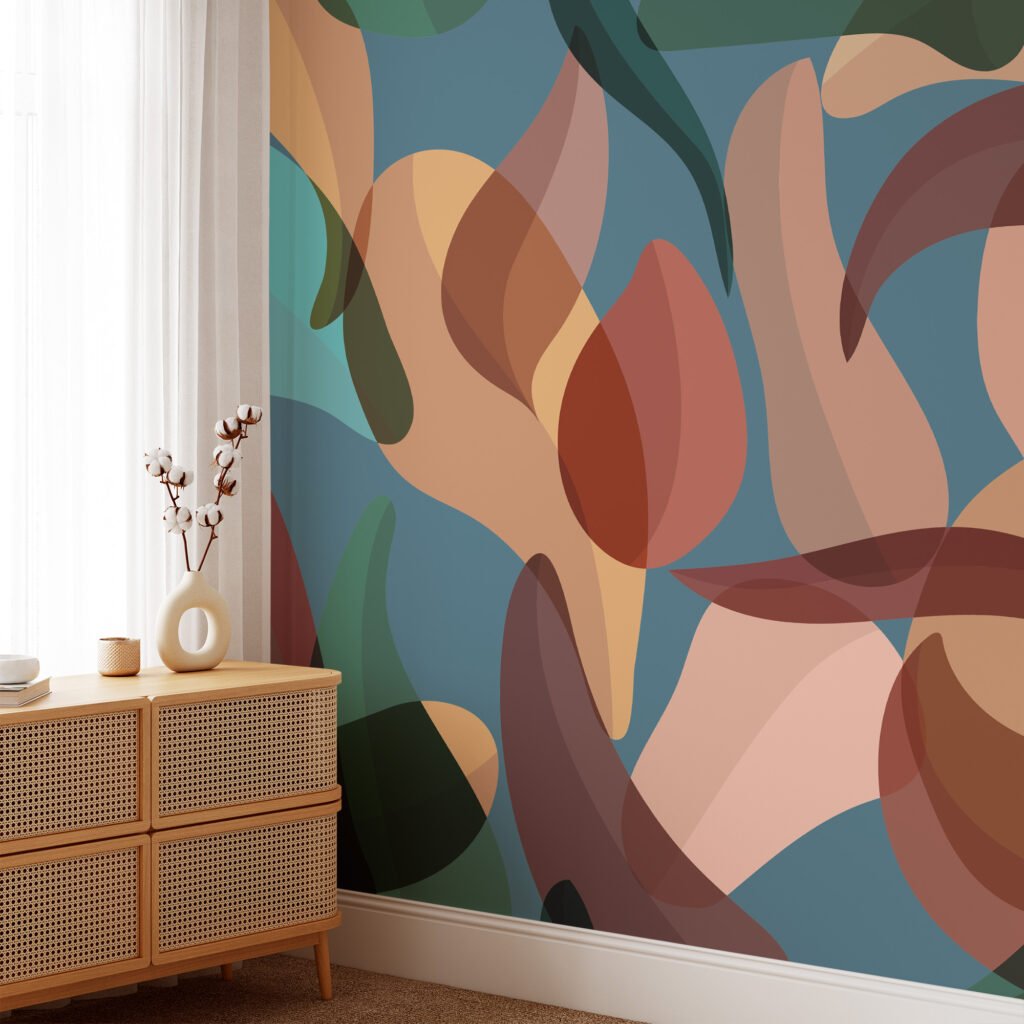 Soyut Renkli Modern Yapraklar Duvar Kağıdı, Modern Organik Şekilli 3D Duvar Kağıdı Soyut Duvar Kağıtları 4