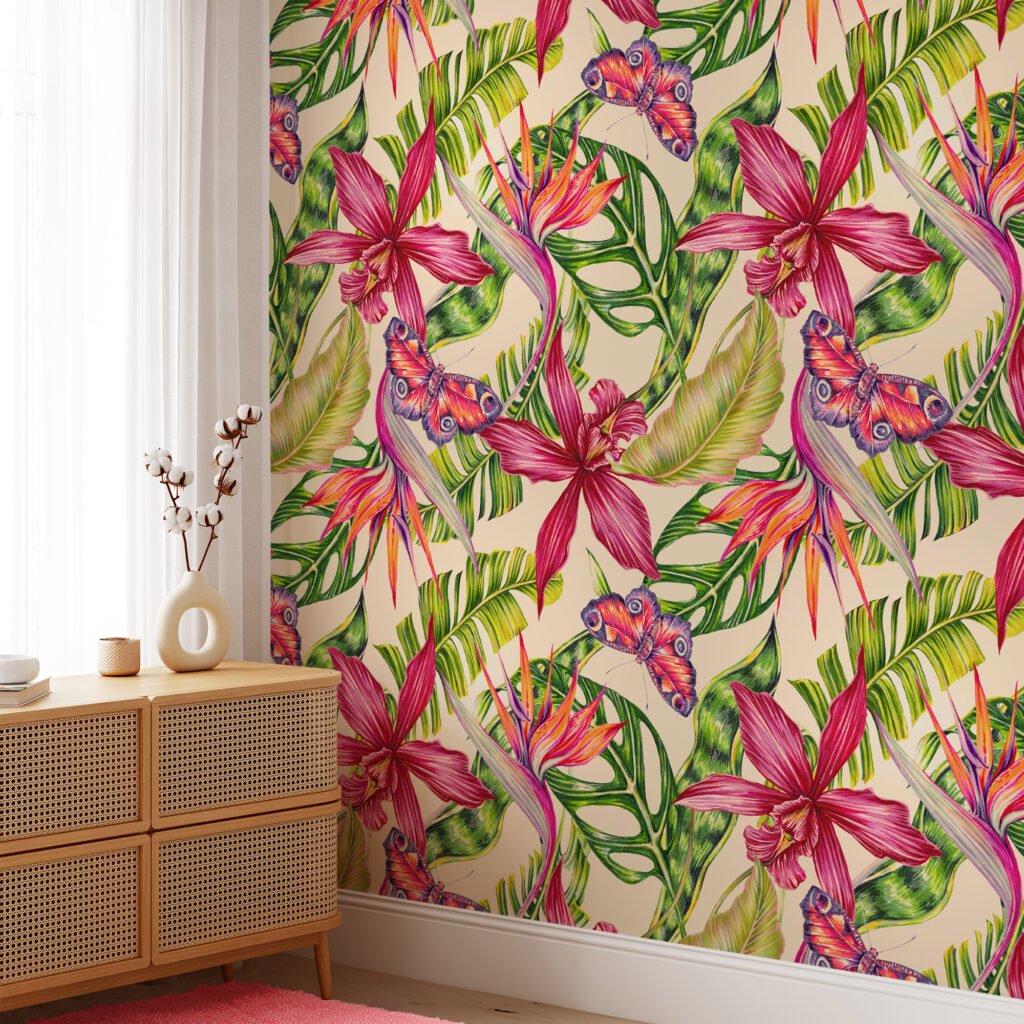 Tropikal Renkli Çiçekler ve Kelebekler Duvar Kağıdı, Egzotik Botanik Tropikal 3D Duvar Posteri Çiçekli Duvar Kağıtları 5