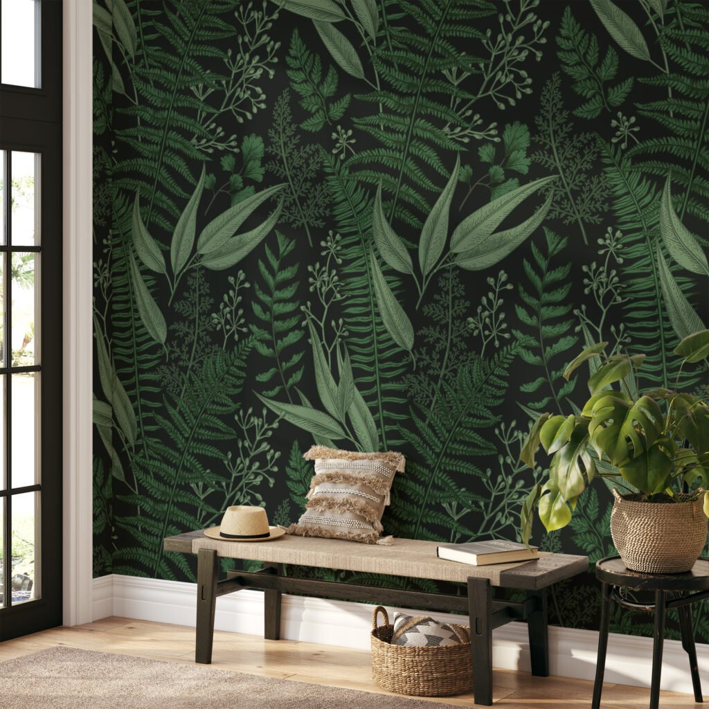 Koyu Yeşil Doğal Yapraklar Siyah Zemin Üzerinde Duvar Kağıdı, Mistik Orman Yaprakları Duvar Posteri Çiçekli Duvar Kağıtları 5