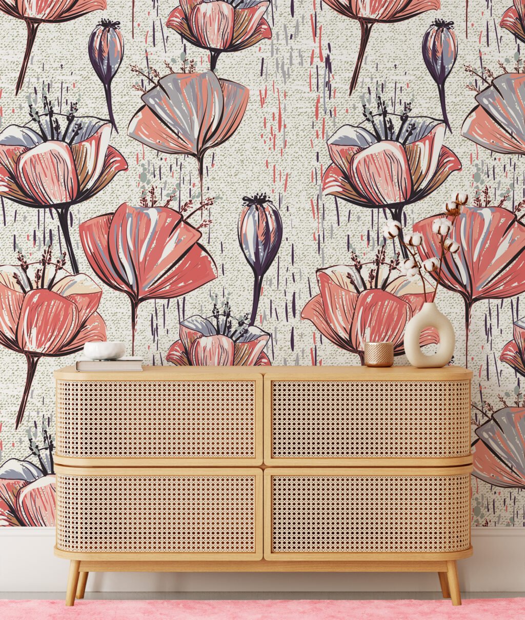 Çiçek İllüstrasyonlu Duvar Kağıdı, Abstract Lale Eskizi 3D Duvar Kağıdı Çiçekli Duvar Kağıtları 4