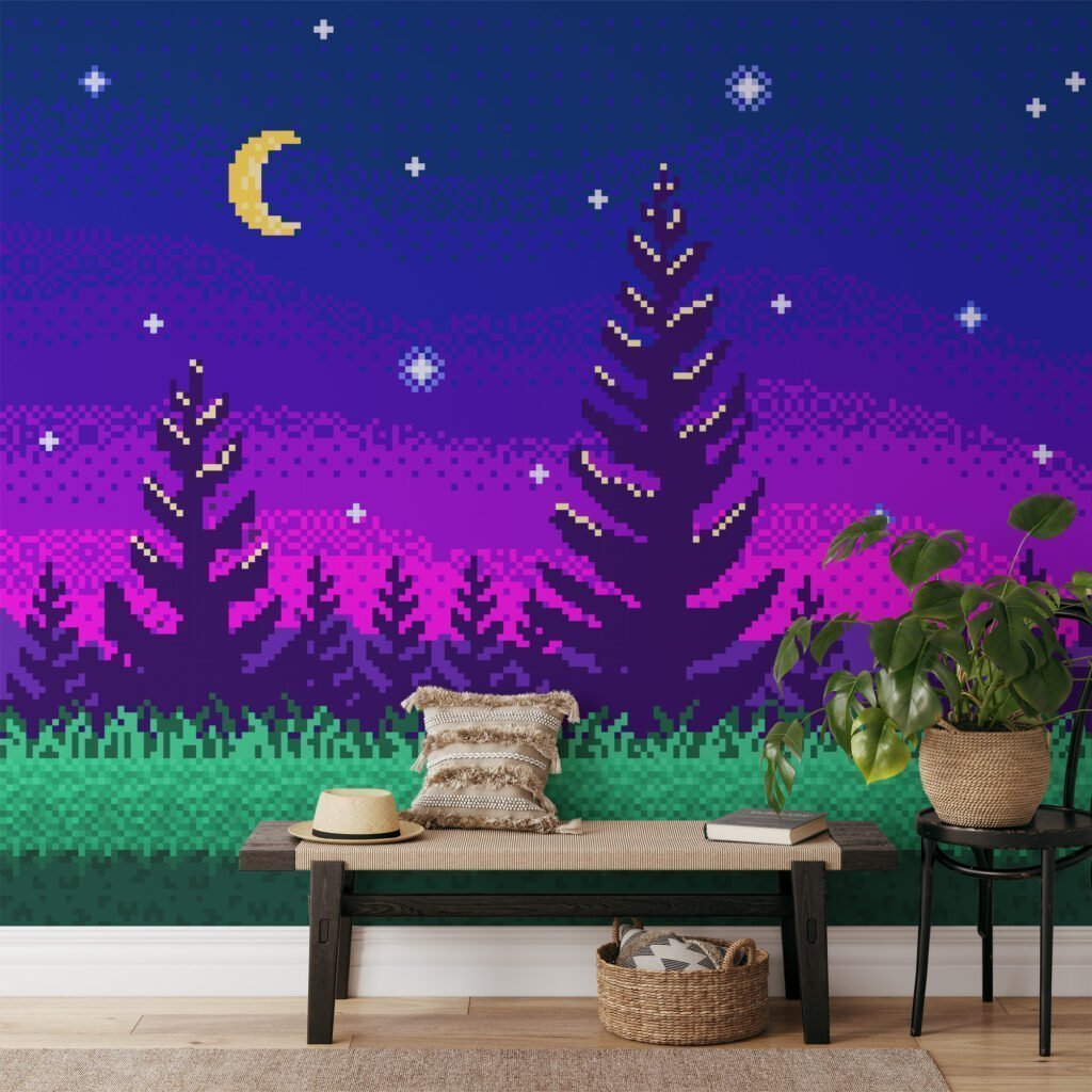 Pixel Art Gece Ağaçları Mor Gradyan Arka Plan Duvar Kağıdı, Piksel Yıldızlı Gece Ormanı 3D Duvar Posteri Pixel Art Duvar Kağıtları 3