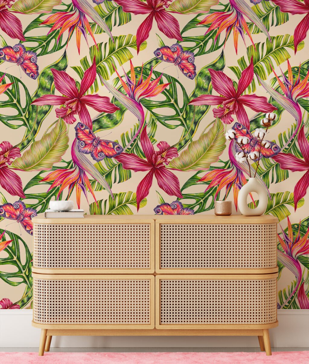 Tropikal Renkli Çiçekler ve Kelebekler Duvar Kağıdı, Egzotik Botanik Tropikal 3D Duvar Posteri Çiçekli Duvar Kağıtları 6