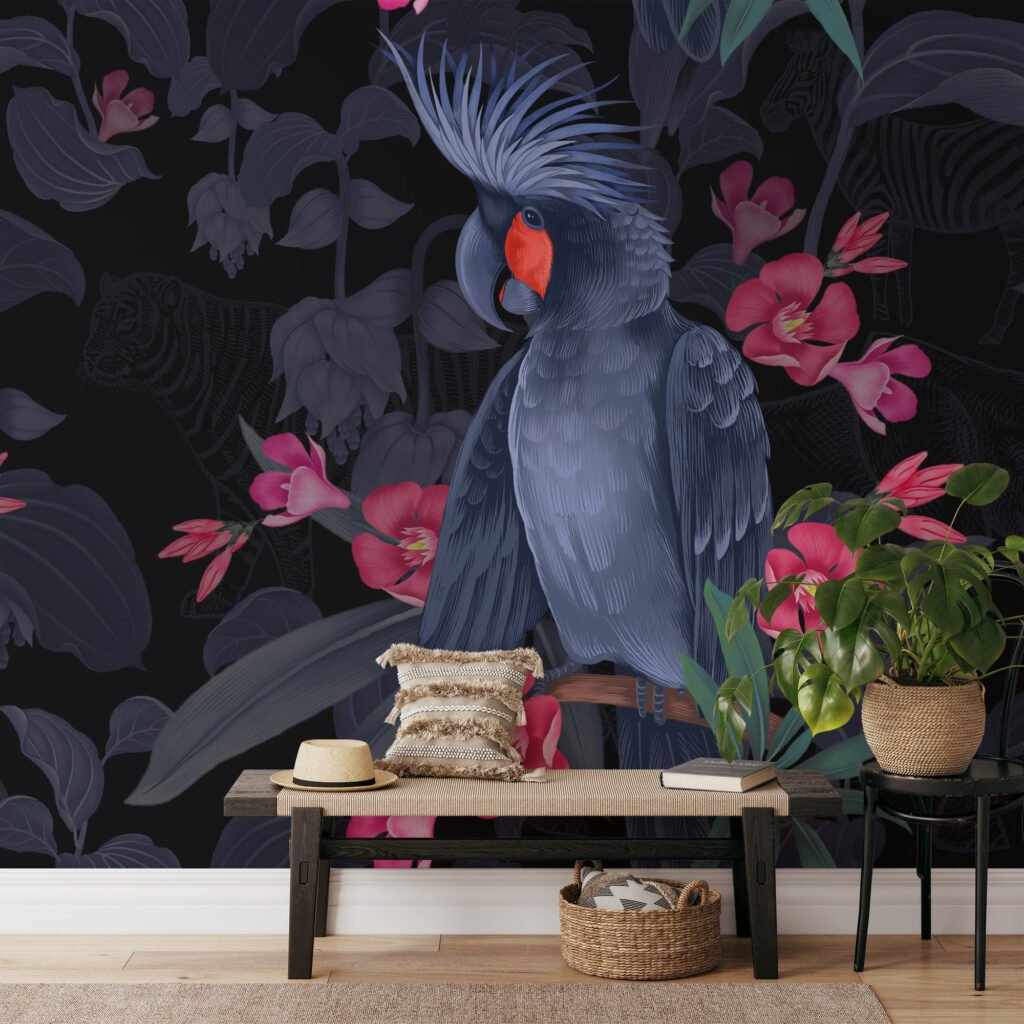 Koyu Gece Mavisi Büyük Papağan ve Pembe Çiçekler Duvar Kağıdı, Şık Tropikal Duvar Posteri Çiçekli Duvar Kağıtları 2