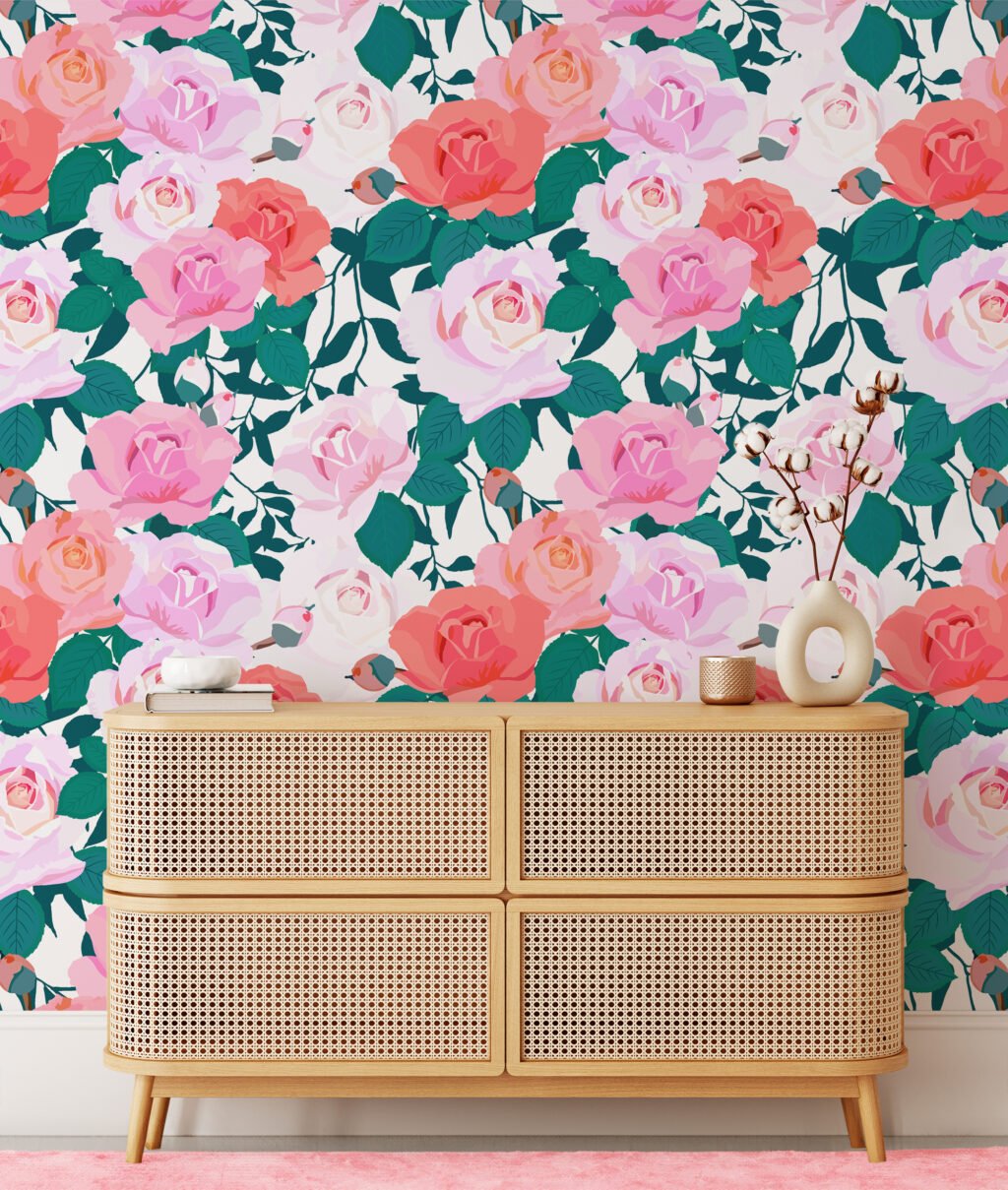 Çiçekli Güller Flat Art Duvar Kağıdı, Romantik Gül Bahçesi 3D Duvar Kağıdı Çiçekli Duvar Kağıtları 4
