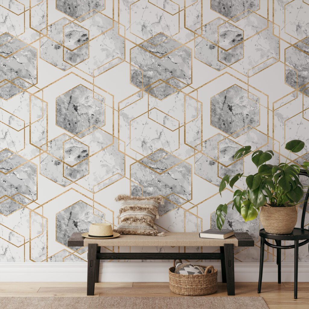 Gri Sulu Boya Tarzı Altıgenler ile Geometrik Duvar Kağıdı, Lüks Altın Mermer Desenli 3D Duvar Kağıdı Geometrik Duvar Kağıtları 7
