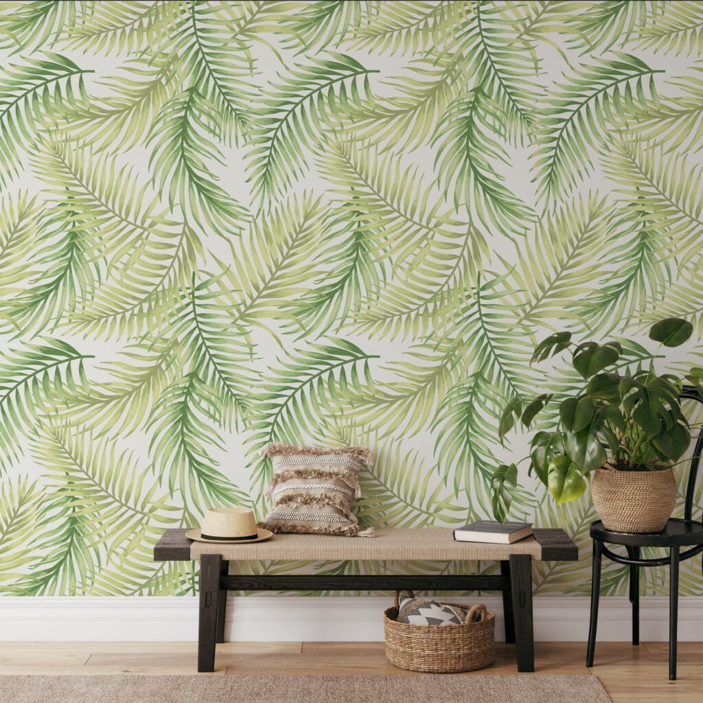 Beyaz Arka Planlı Hafif Yeşil Yapraklar Duvar Kağıdı, Canlı Palmiye Yaprakları Duvar Kağıdı Yaprak Desenli Duvar Kağıtları 5