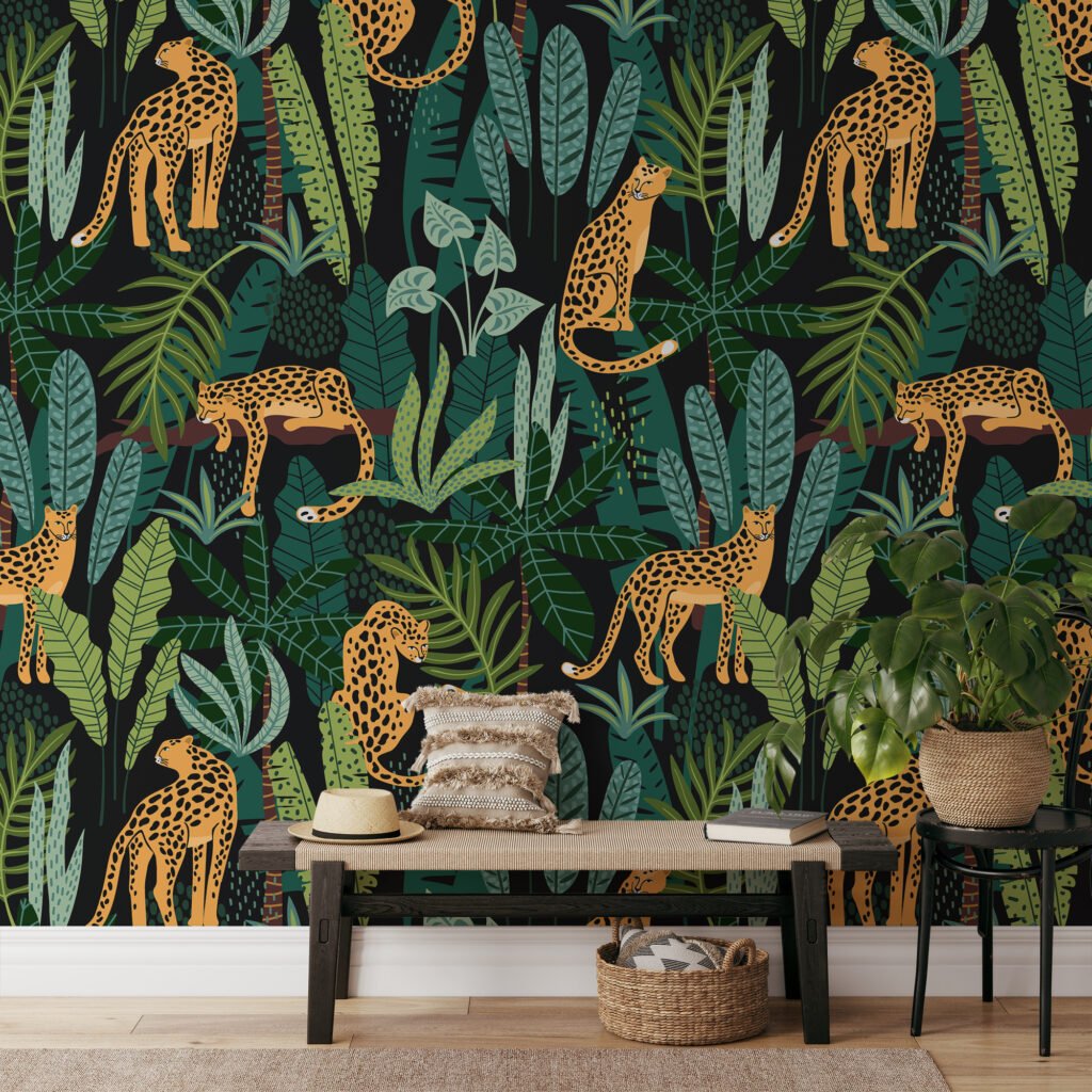 Retro Tropikal İllüstrasyonlarla Leoparlar Duvar Kağıdı, Egzotik Orman İlhamı Tropikal 3D Duvar Posteri Hayvan Motifli Duvar Kağıtları 5