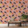 Flat Art Meyveler ve Tukanlar Pembe Zemin Duvar Kağıdı, Canlı Pembe Çocuk Odası Duvar Posteri - Görsel 2