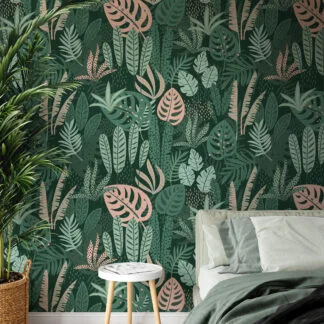 Yeşil Orman Flat Art Yapraklar Duvar Kağıdı, Koyu Yeşil ve Pembe Tropikal Yapraklar 3D Duvar Posteri Tropikal Duvar Kağıtları