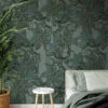 Koyu Salbei Renkli Çiçekli Damask Stil Duvar Kağıdı, Zarif Art Deco 3D Duvar Posteri - Görsel 3
