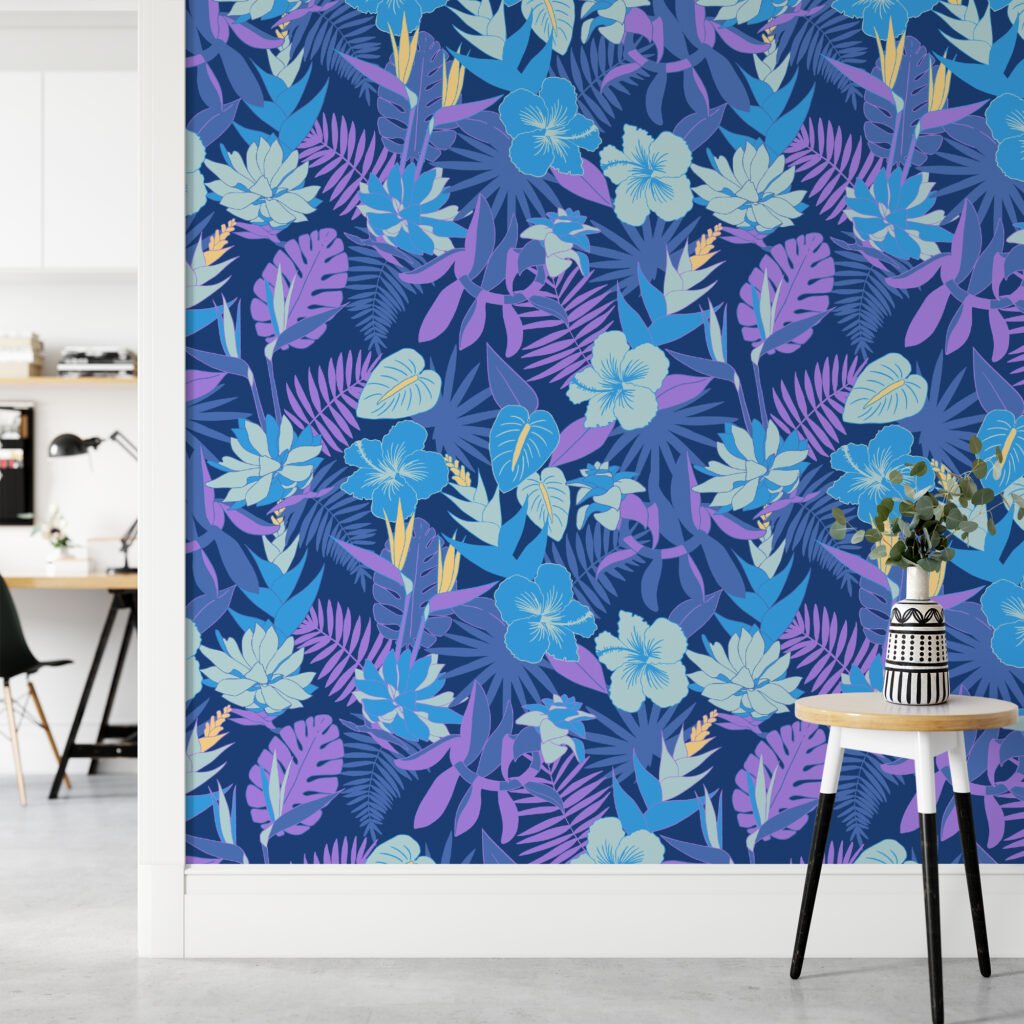 Mavi ve Mor Renkli Çiçekli Duvar Kağıdı, Canlı Tropik Gece Çiçekleri 3D Duvar Kağıdı Çiçekli Duvar Kağıtları 5