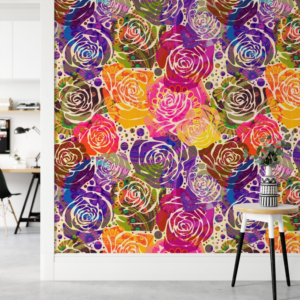 Abstract Renkli Güller Duvar Kağıdı, Canlı Gül Kolajı 3D Duvar Posteri Çiçekli Duvar Kağıtları 2