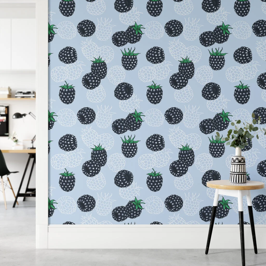 Siyah Dut Desenli Duvar Kağıdı, Eğlenceli Mavi Üzerinde Dutlar 3D Duvar Kağıdı Yiyecek & İçecek Duvar Kağıtları 5