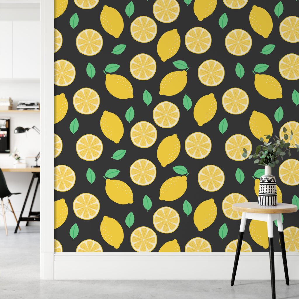 Flat Art Limon Deseni Mint Arka Planlı Duvar Kağıdı, Canlı Limon Bahçesi 3D Duvar Kağıdı Yiyecek & İçecek Duvar Kağıtları 4