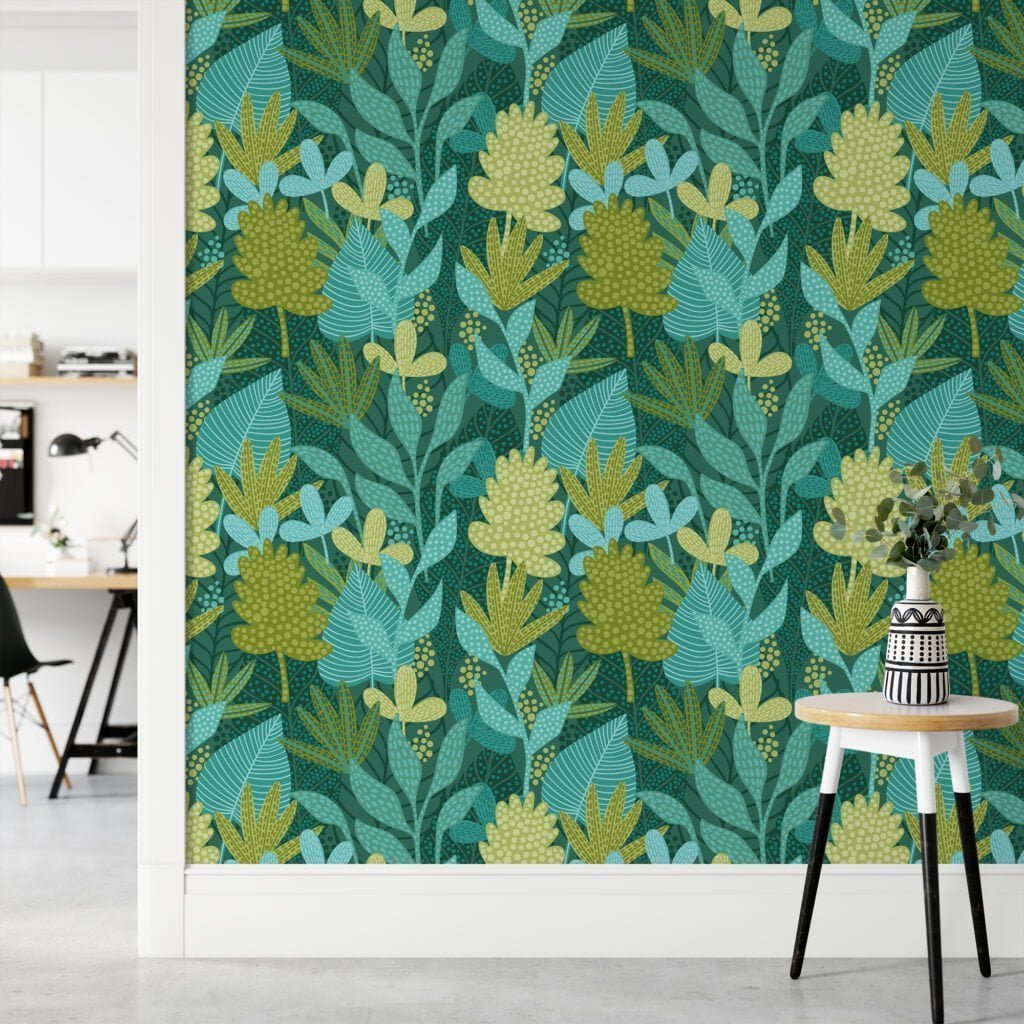 Flat Art Yeşil Tonlu Bitkiler Duvar Kağıdı, Büyülü Tropikal Orman 3D Duvar Posteri Tropikal Duvar Kağıtları 5