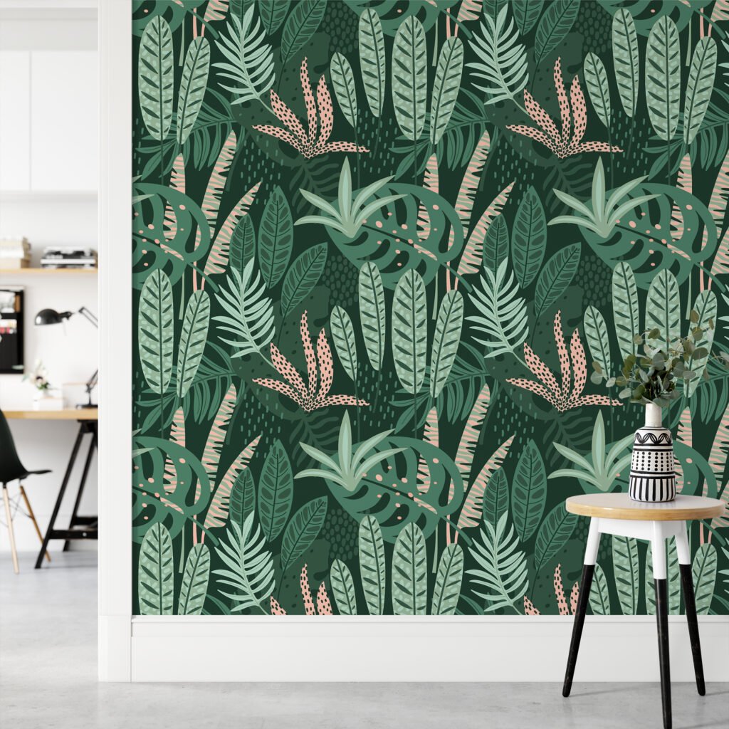 Tropikal Yeşil Flat Art Yapraklar Duvar Kağıdı, Doğa Temalı Tropikal 3D Duvar Posteri Tropikal Duvar Kağıtları 5