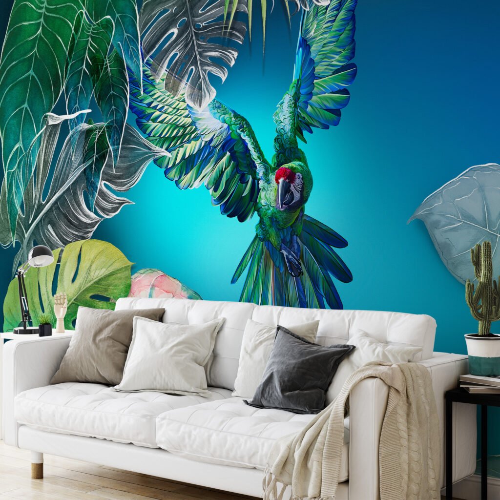 Büyük Papağan ve Monstera Yaprakları Mavi Zeminli Duvar Kağıdı, Canlı Tropikal Duvar Posteri Hayvan Motifli Duvar Kağıtları 5