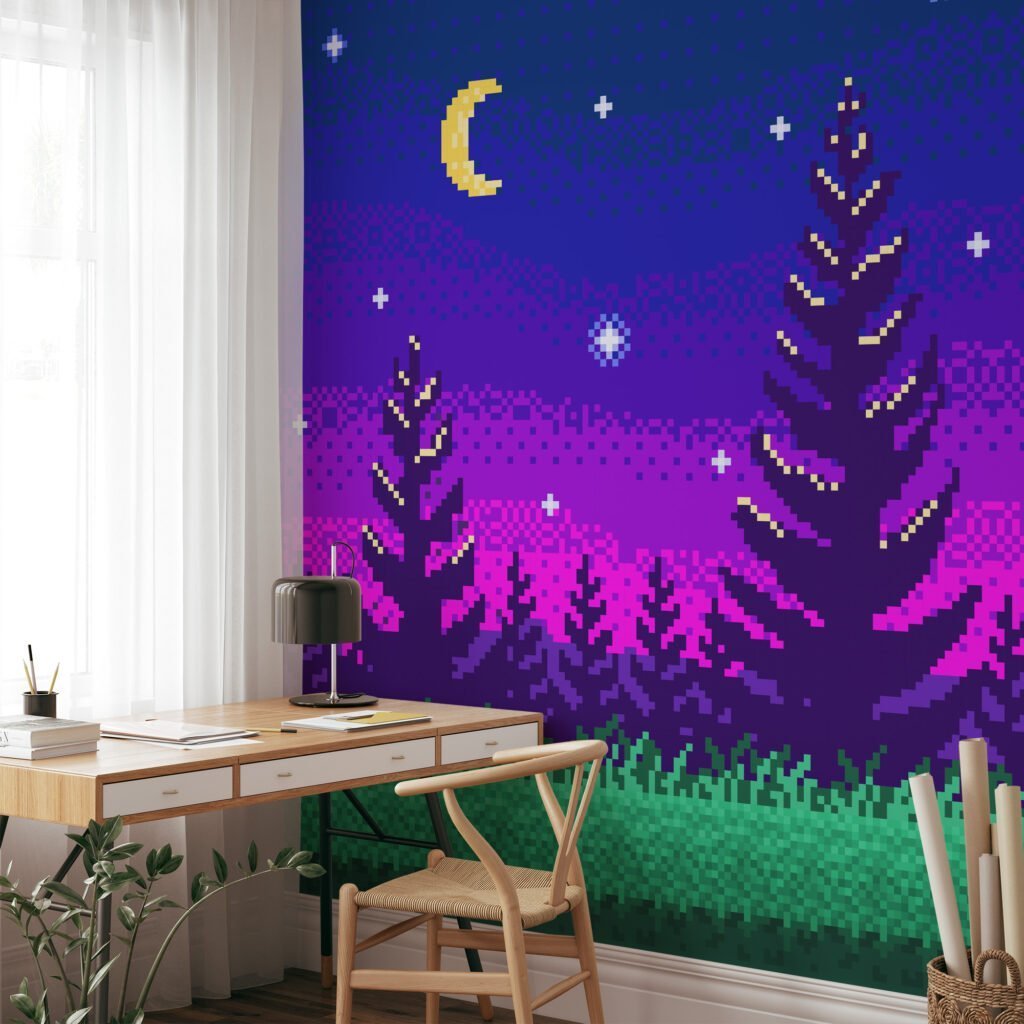 Pixel Art Gece Ağaçları Mor Gradyan Arka Plan Duvar Kağıdı, Piksel Yıldızlı Gece Ormanı 3D Duvar Posteri Pixel Art Duvar Kağıtları 8
