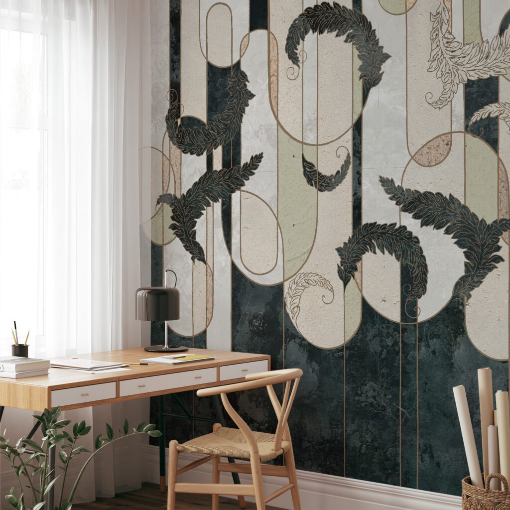 Art Deco Koyu Taş Dokulu Zeminli Duvar Kağıdı, Zarif Siyah ve Altın Line Art Duvar Posteri Beton Görünümlü Duvar Kağıtları 5