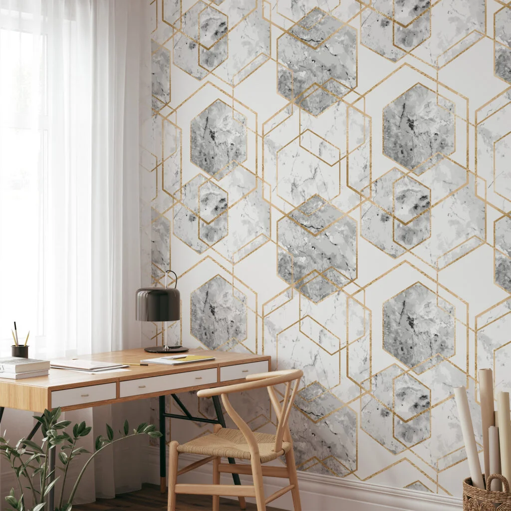 Gri Sulu Boya Tarzı Altıgenler ile Geometrik Duvar Kağıdı, Lüks Altın Mermer Desenli 3D Duvar Kağıdı Geometrik Duvar Kağıtları 6