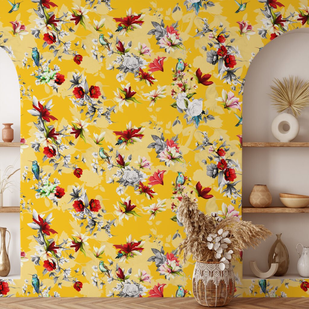 Sarı Çiçekli Kuş ve Çiçekler Duvar Kağıdı, Doğa İlhamlı Dekor Duvar Posteri Çiçekli Duvar Kağıtları 4