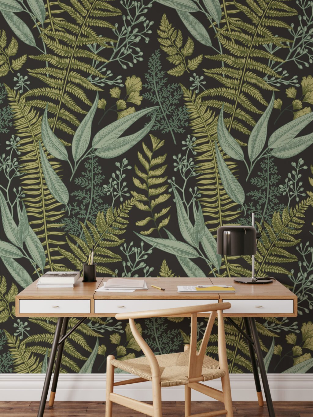 Vintage Tarzı Bitki ve Yapraklar ile Koyu Zeminli Duvar Kağıdı, Doğa İlhamlı Tasarım 3D Duvar Posteri Çiçekli Duvar Kağıtları 4