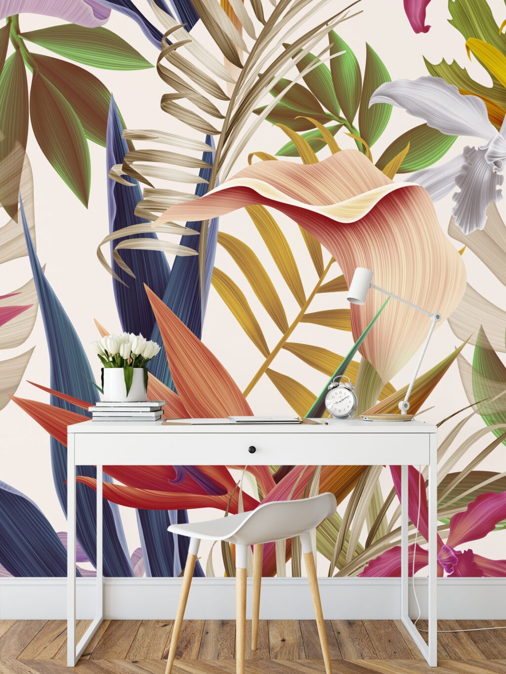 Renkli Tropik Çiçekler ve Cennet Kuşları Duvar Kağıdı, Çağdaş Doğa Esintili 3D Duvar Posteri Çiçekli Duvar Kağıtları 5