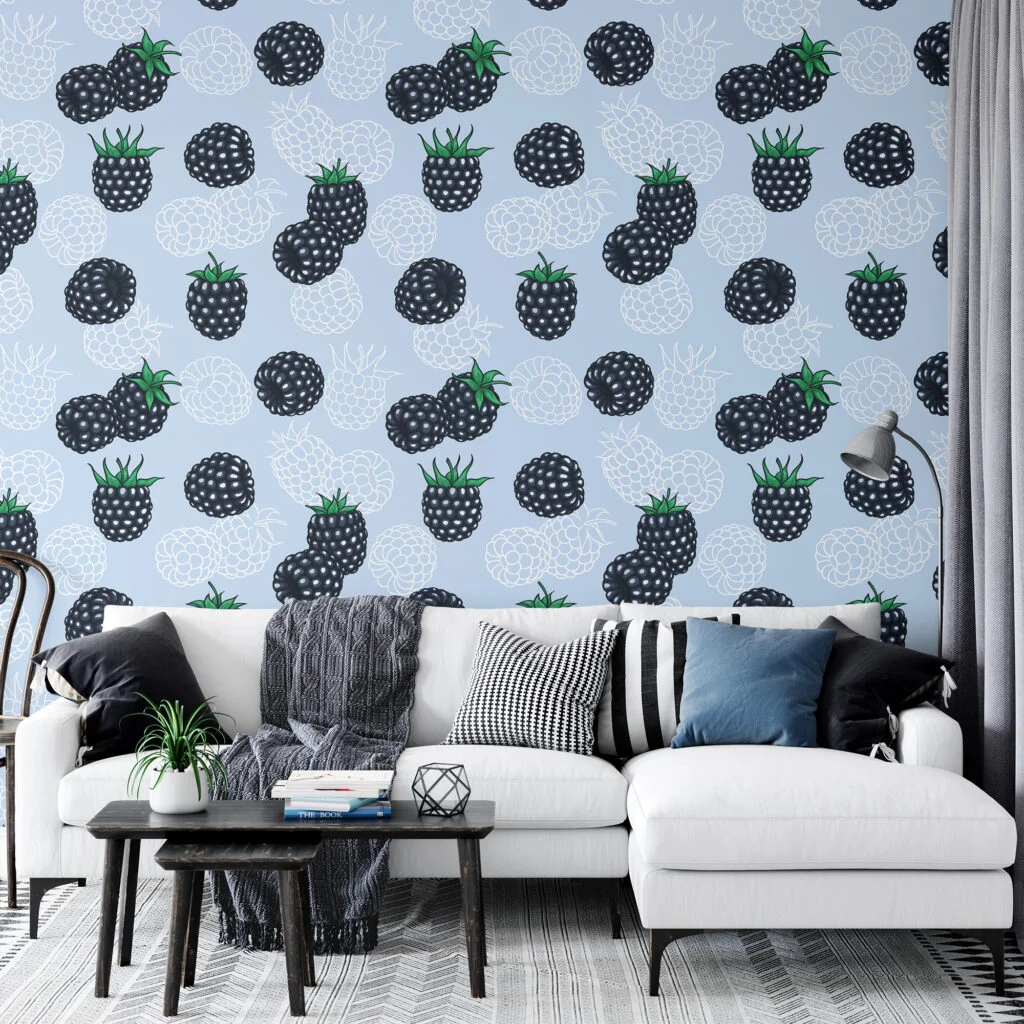 Siyah Dut Desenli Duvar Kağıdı, Eğlenceli Mavi Üzerinde Dutlar 3D Duvar Kağıdı Yiyecek & İçecek Duvar Kağıtları 4