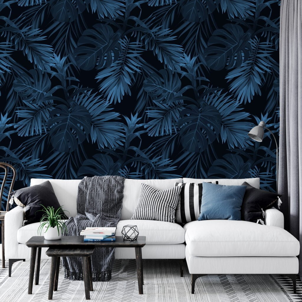 Koyu Mavi Tropikal Yapraklar Duvar Kağıdı, Koyu Şık 3D Yaprak Desenli Duvar Posteri Yaprak Desenli Duvar Kağıtları 2