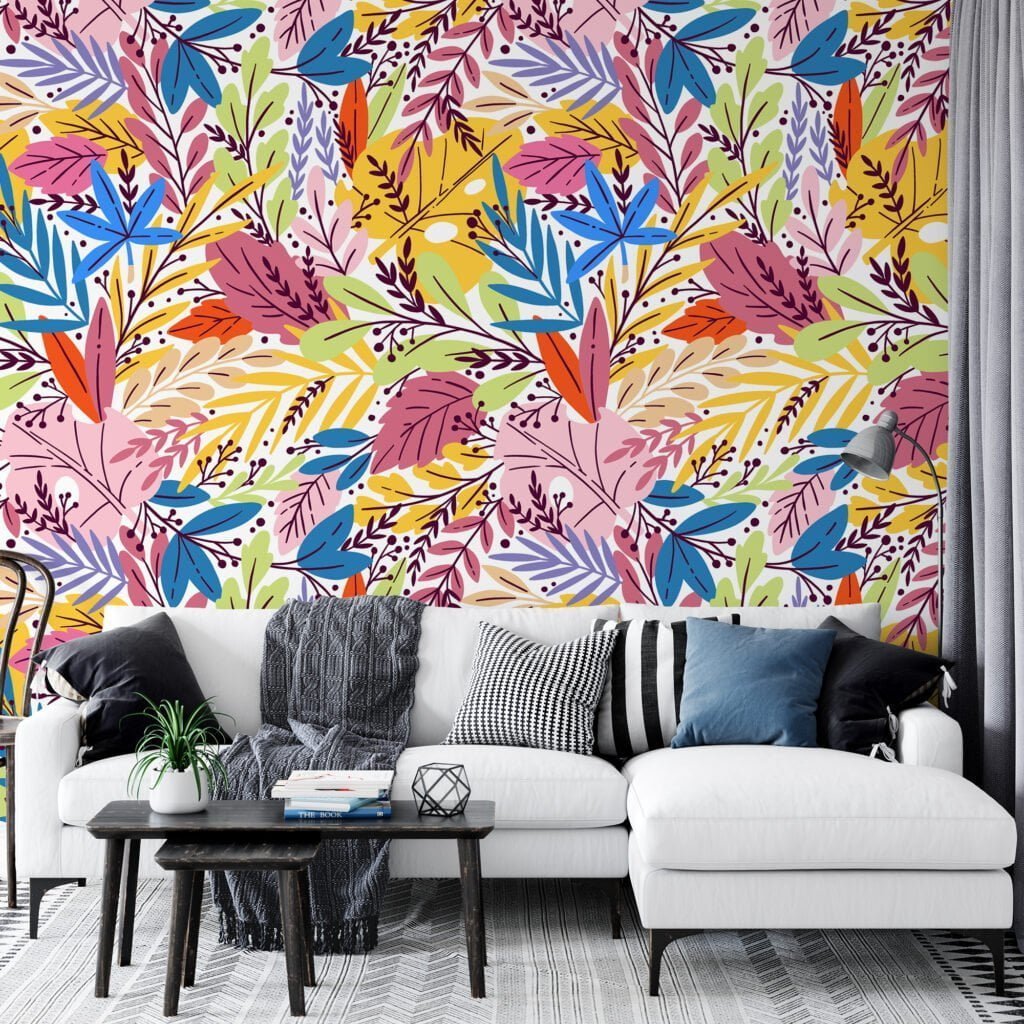 Renkli Yapraklar Duvar Kağıdı, Rengarenk Yaprak Desenli 3D Duvar Kağıdı Çiçekli Duvar Kağıtları 3