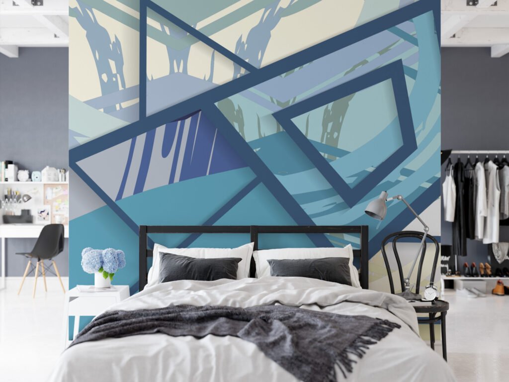Modern Mavi Sıçramalar ile Büyük Geometrik Duvar Kağıdı, Mavi Açılı Desenli 3D Duvar Posteri 3D Duvar Kağıtları 5