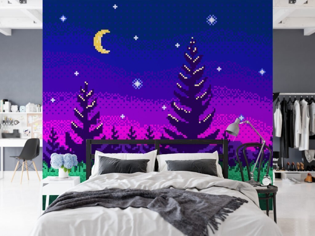 Pixel Art Gece Ağaçları Mor Gradyan Arka Plan Duvar Kağıdı, Piksel Yıldızlı Gece Ormanı 3D Duvar Posteri Pixel Art Duvar Kağıtları 7