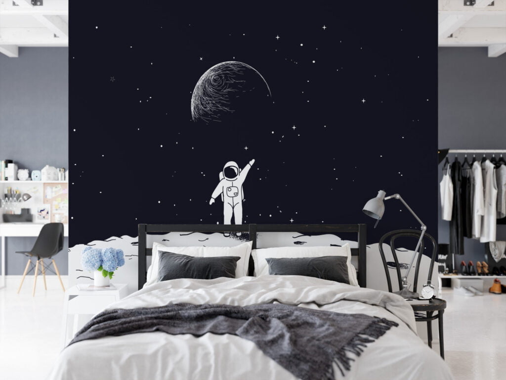 Siyah Beyaz Astronot Uzay Duvar Kağıdı, Uzay Temalı 3D Duvar Posteri Çocuk Odası Duvar Kağıtları 4