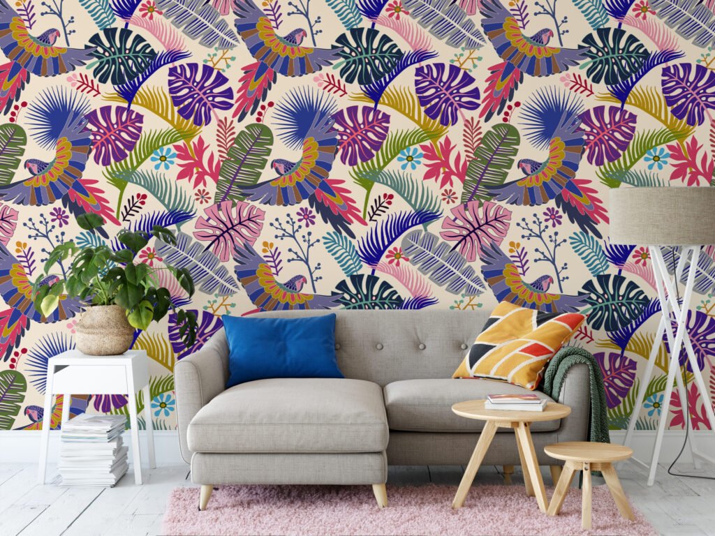 Renkli Tropikal Papağanlar Duvar Kağıdı, Canlı Tropik Bitki Örtüsü 3D Duvar Posteri Tropikal Duvar Kağıtları 5
