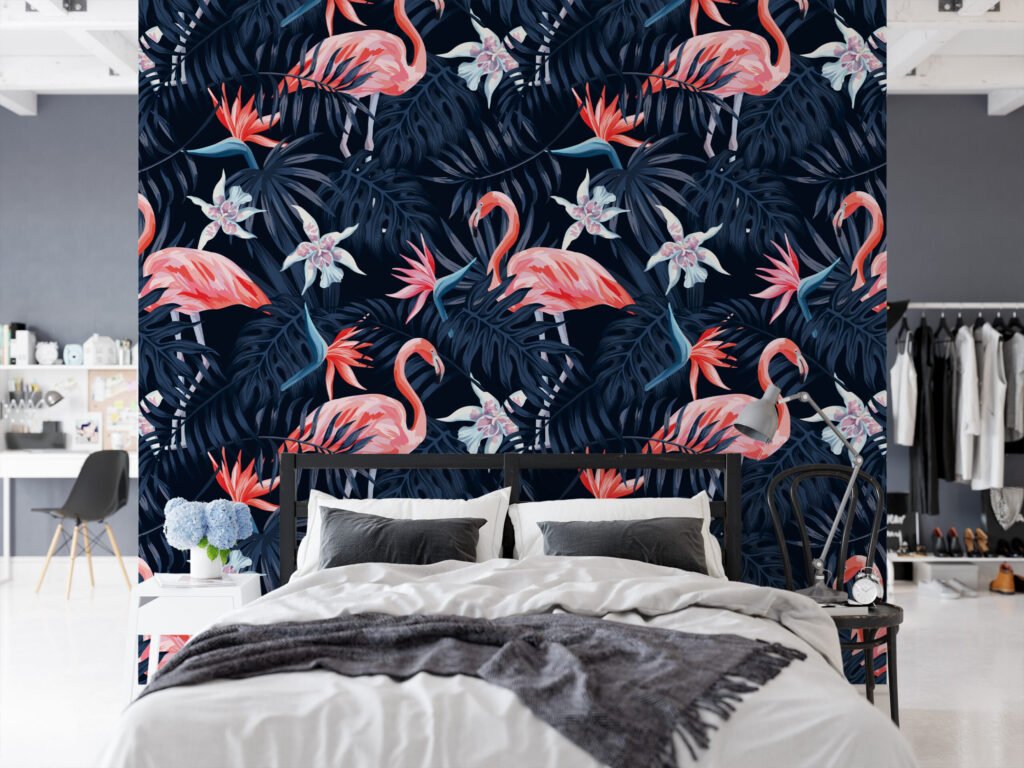 Koyu Mavi Tropikal Yapraklarla Flamingolar Duvar Kağıdı, Muhteşem Flamingolar 3D Duvar Posteri Hayvan Motifli Duvar Kağıtları 5