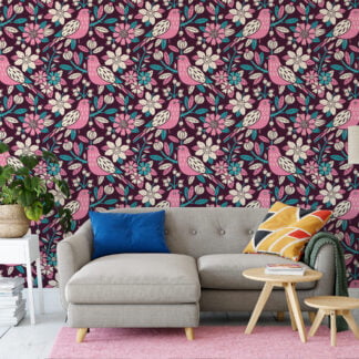 Renkli Halk Sanatı Kuş ve Çiçekler Duvar Kağıdı, Vintage Pembe Kuş ve Çiçekli Duvar Posteri Çiçekli Duvar Kağıtları
