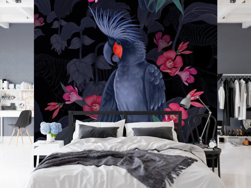 Koyu Gece Mavisi Büyük Papağan ve Pembe Çiçekler Duvar Kağıdı, Şık Tropikal Duvar Posteri Çiçekli Duvar Kağıtları 4