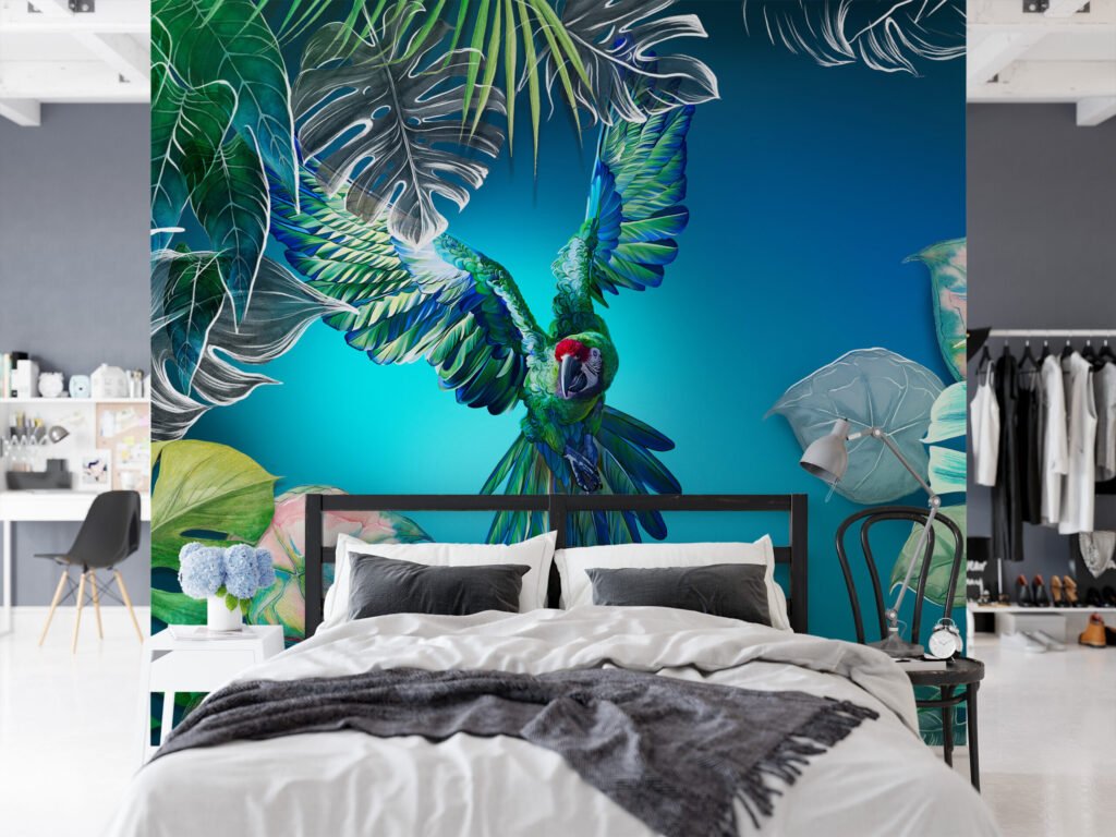Büyük Papağan ve Monstera Yaprakları Mavi Zeminli Duvar Kağıdı, Canlı Tropikal Duvar Posteri Hayvan Motifli Duvar Kağıtları 2