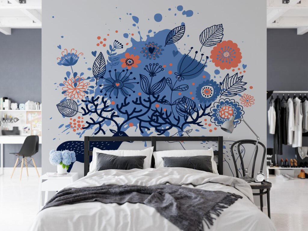 Mavi ve Turuncu Çiçekli Geyik İllüstrasyon ve Line Art Duvar Kağıdı Çiçekli Duvar Kağıtları 4