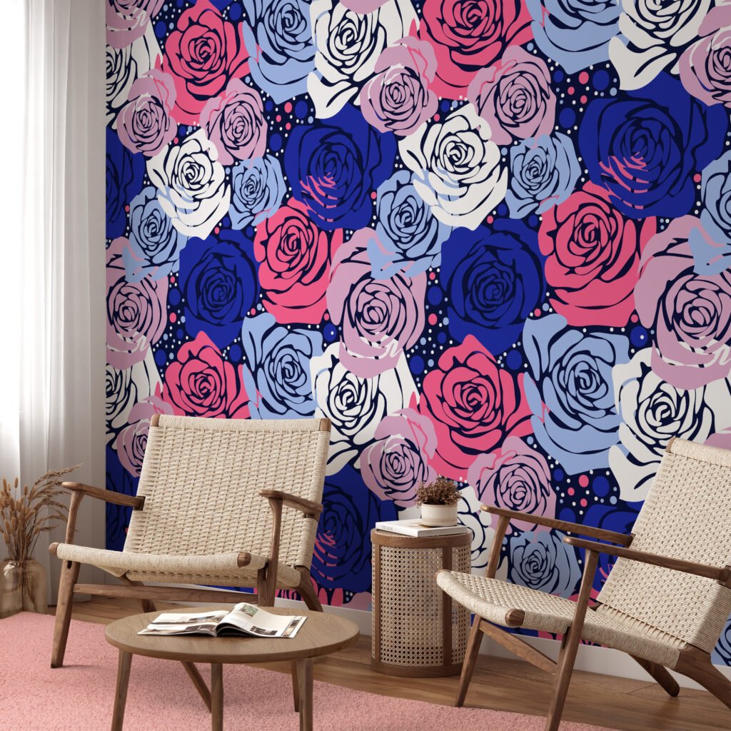 Renkli Abstract Gül Desenli Duvar Kağıdı, Cesur Mavi & Pembe Çiçek Tasarımı 3D Duvar Posteri Çiçekli Duvar Kağıtları 4