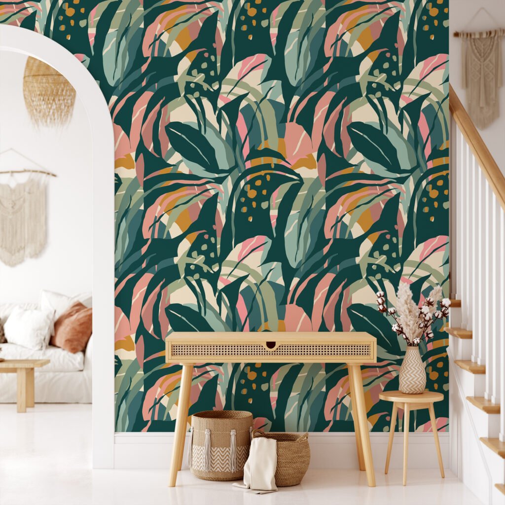 Soyut Egzotik Büyük Yapraklar Duvar Kağıdı, Modern Sanatsal Yaprak Tasarımı 3D Duvar Posteri Tropikal Duvar Kağıtları 2