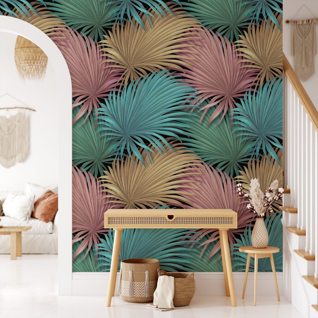 Karanlık Arka Plan Üzerinde Tropikal Pastel Yapraklar Duvar Kağıdı, Soyut Tropikal Yapraklar 3D Duvar Posteri Tropikal Duvar Kağıtları 5