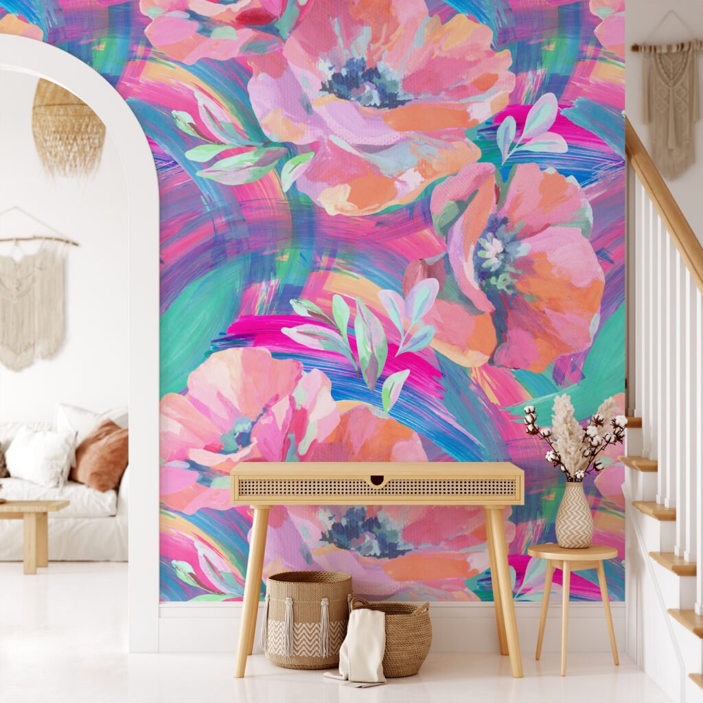 Büyük Soyut Çiçekli Boyanmış Efekt Duvar Kağıdı, Canlı Sulu Boya Çiçekleri Duvar Posteri Çiçekli Duvar Kağıtları 2