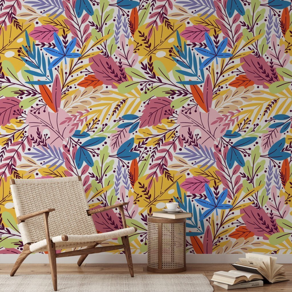 Renkli Yapraklar Duvar Kağıdı, Rengarenk Yaprak Desenli 3D Duvar Kağıdı Çiçekli Duvar Kağıtları 4