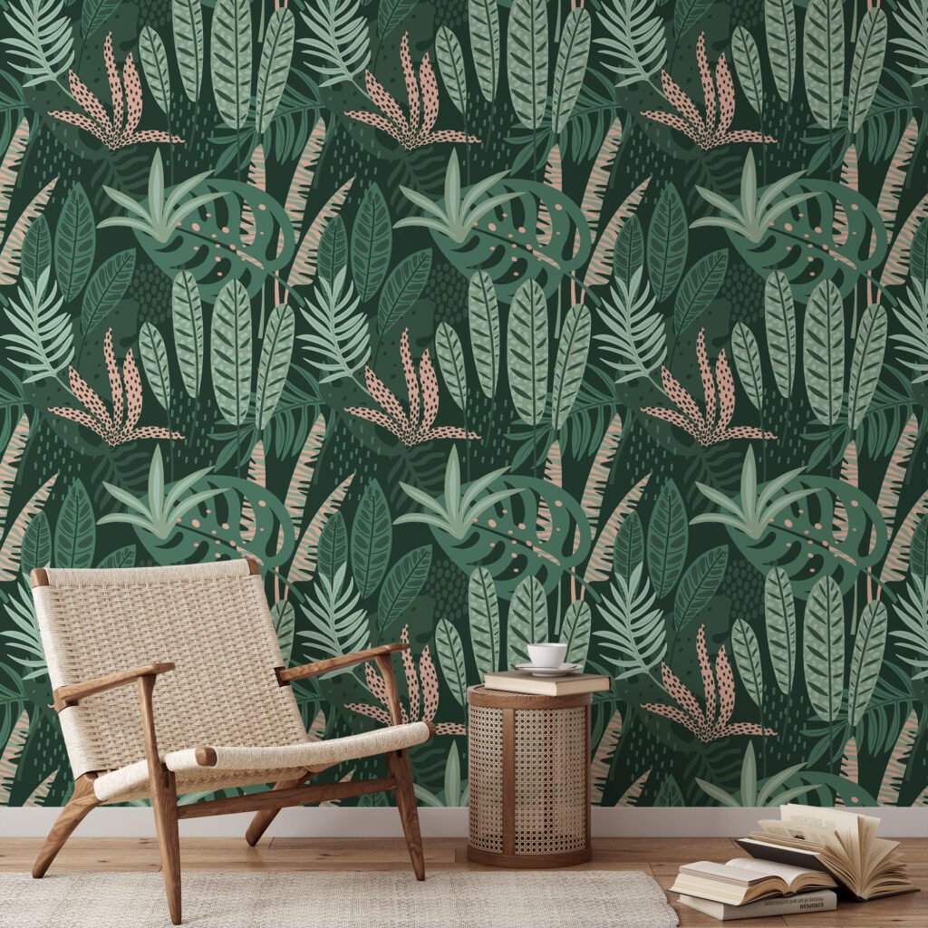 Tropikal Yeşil Flat Art Yapraklar Duvar Kağıdı, Doğa Temalı Tropikal 3D Duvar Posteri Tropikal Duvar Kağıtları 4