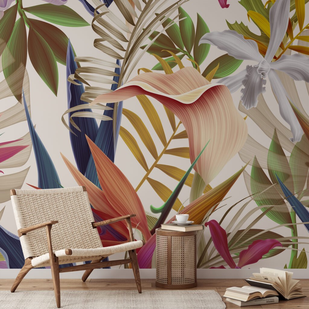 Renkli Tropik Çiçekler ve Cennet Kuşları Duvar Kağıdı, Çağdaş Doğa Esintili 3D Duvar Posteri Çiçekli Duvar Kağıtları 2