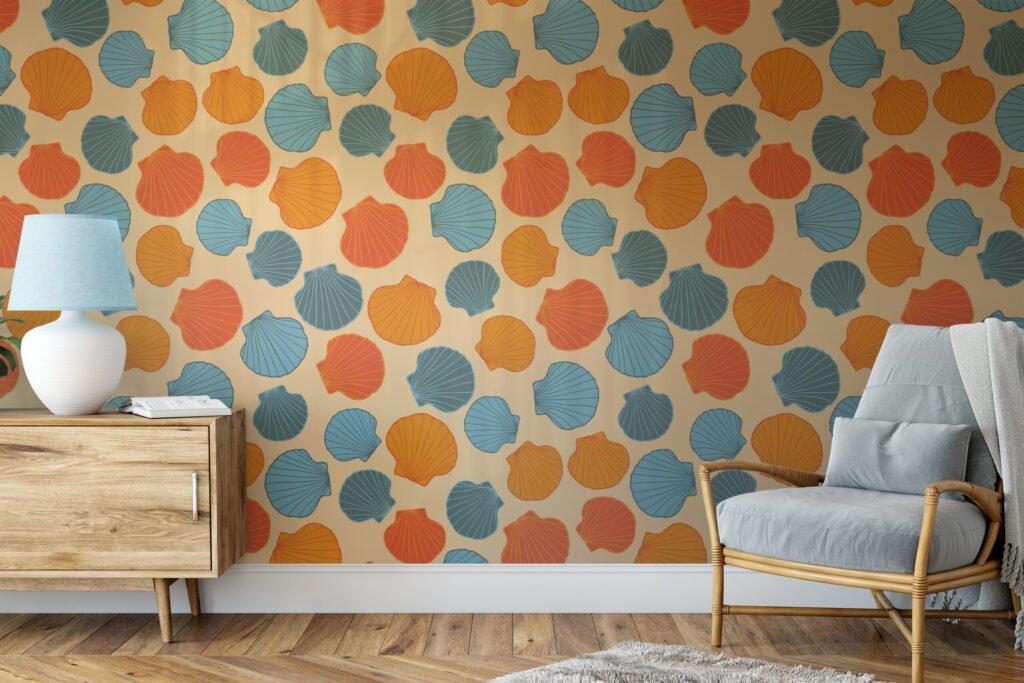 Retro Renkli Deniz Kabukları Desenli Duvar Kağıdı, Geometrik Deniz Kabuğu Figürlü Duvar Posteri Geometrik Duvar Kağıtları 5