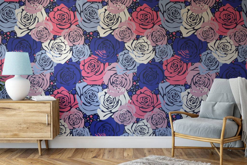 Renkli Abstract Gül Desenli Duvar Kağıdı, Cesur Mavi & Pembe Çiçek Tasarımı 3D Duvar Posteri Çiçekli Duvar Kağıtları 5